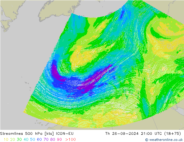 Linia prądu 500 hPa ICON-EU czw. 26.09.2024 21 UTC