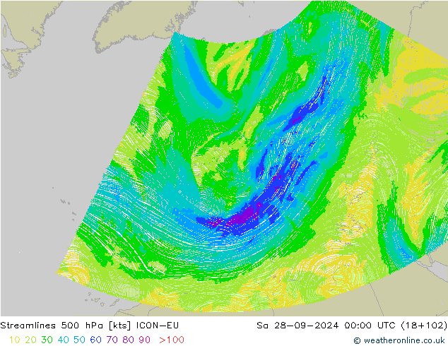 Streamlines 500 hPa ICON-EU Sa 28.09.2024 00 UTC