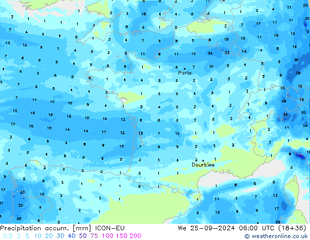 Precipitation accum. ICON-EU ср 25.09.2024 06 UTC