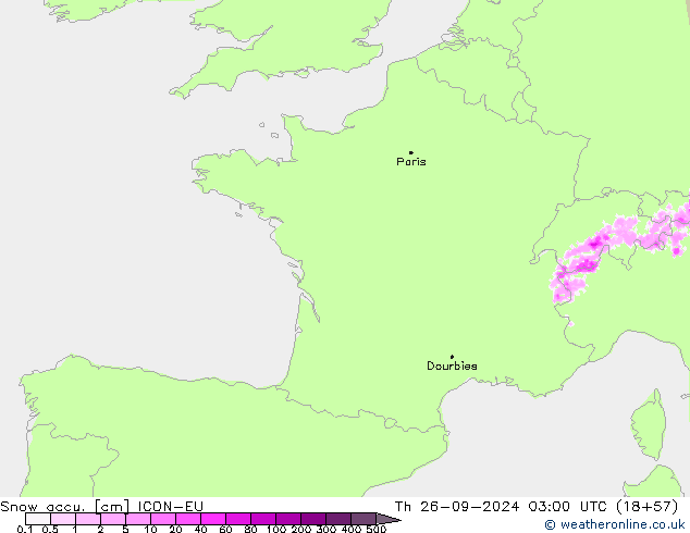 Snow accu. ICON-EU jue 26.09.2024 03 UTC