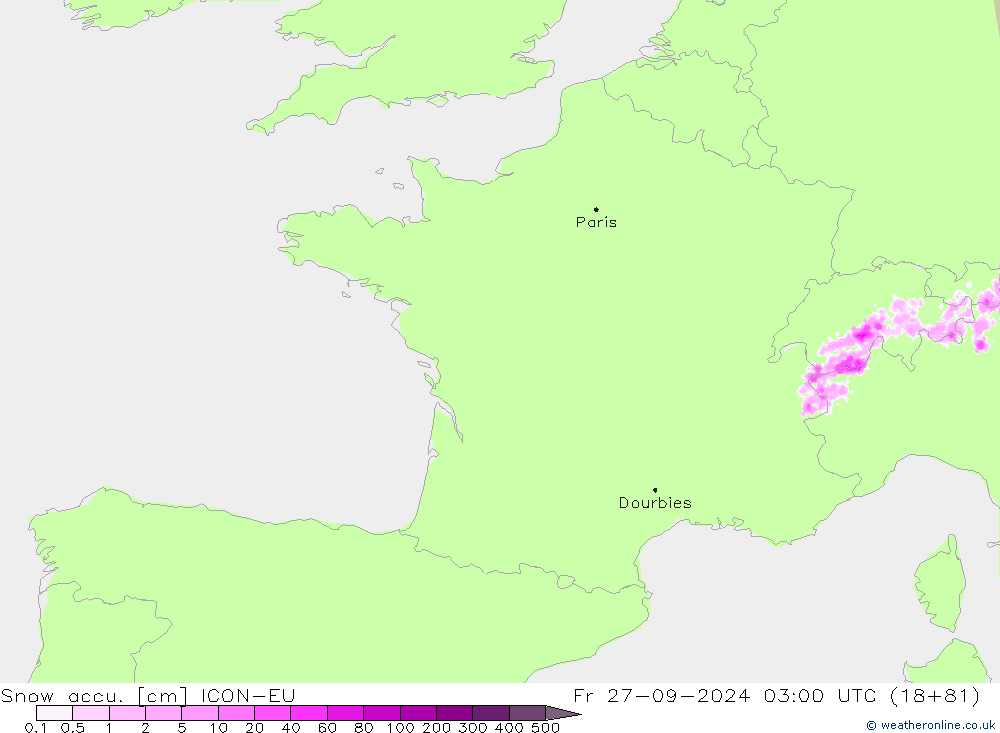 Snow accu. ICON-EU Pá 27.09.2024 03 UTC