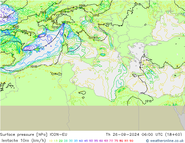 Isotachs (kph) ICON-EU чт 26.09.2024 06 UTC