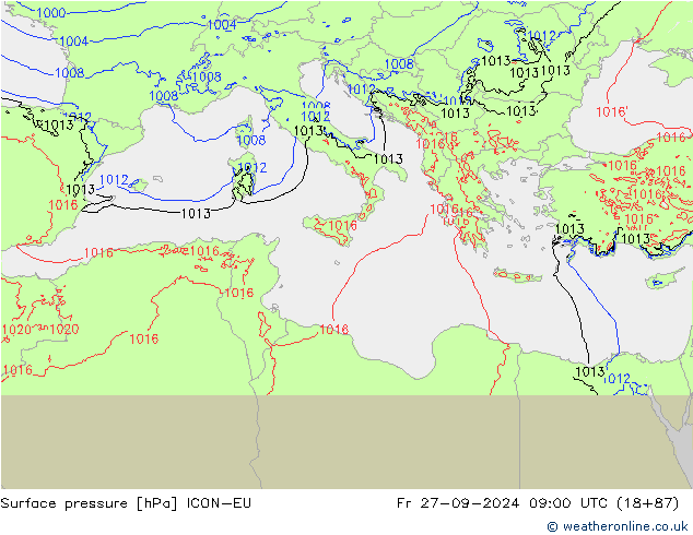 Presión superficial ICON-EU vie 27.09.2024 09 UTC