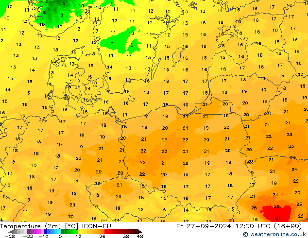 Temperature (2m) ICON-EU Fr 27.09.2024 12 UTC