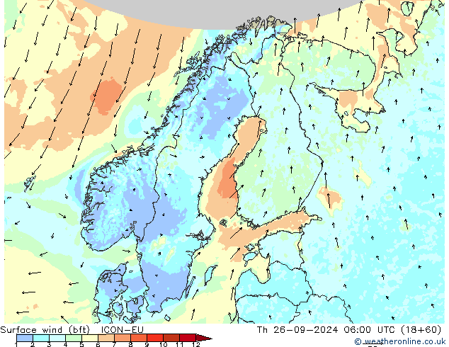 Rüzgar 10 m (bft) ICON-EU Per 26.09.2024 06 UTC