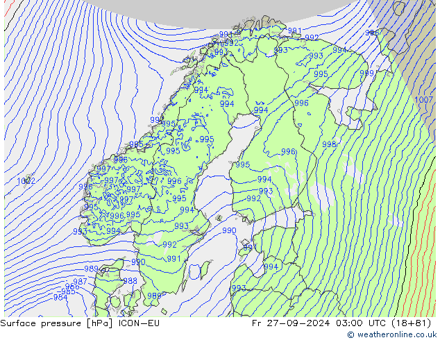 pression de l'air ICON-EU ven 27.09.2024 03 UTC