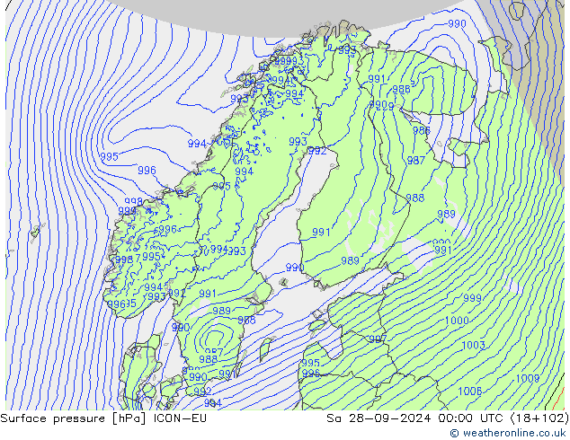 Surface pressure ICON-EU Sa 28.09.2024 00 UTC