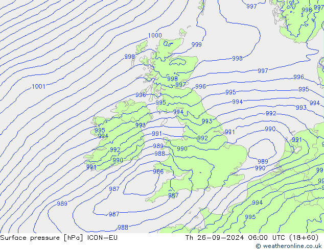 Presión superficial ICON-EU jue 26.09.2024 06 UTC