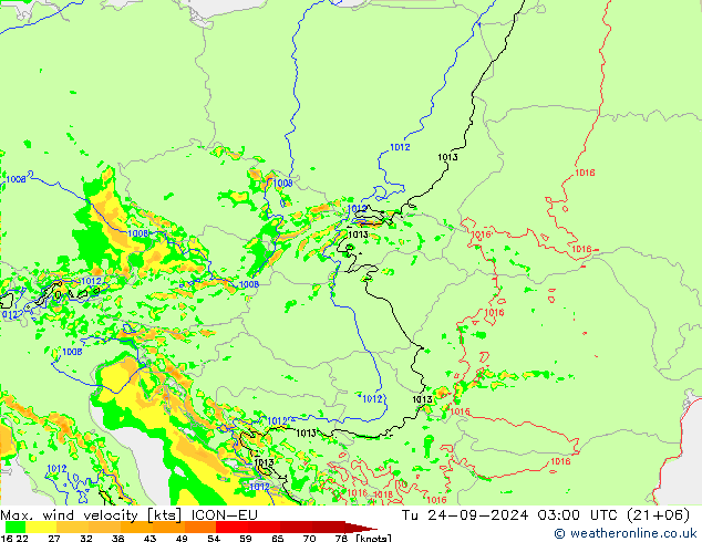 Max. wind velocity ICON-EU Tu 24.09.2024 03 UTC