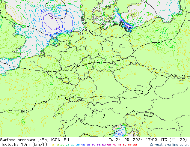 Isotachs (kph) ICON-EU mar 24.09.2024 17 UTC