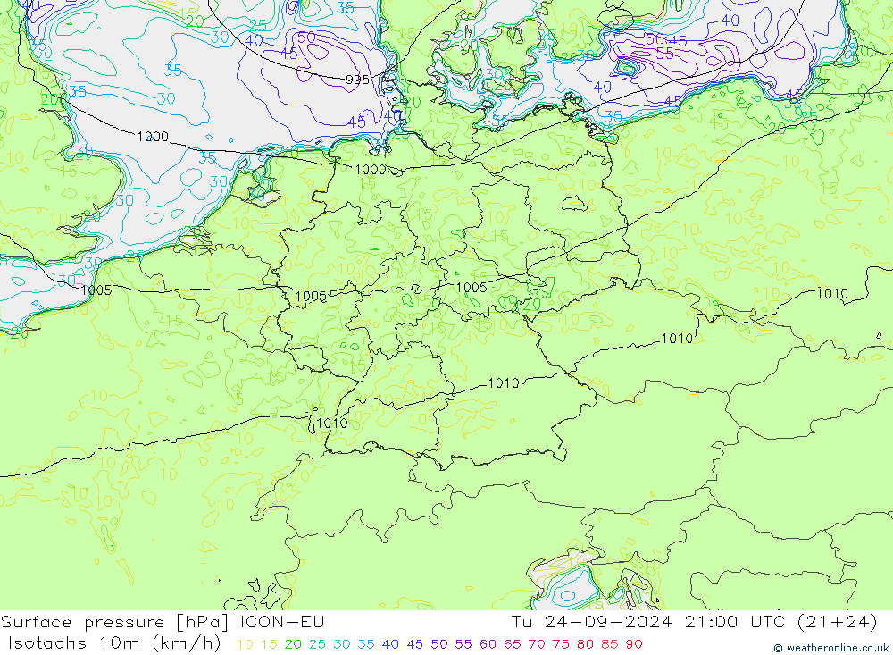 Isotachs (kph) ICON-EU mar 24.09.2024 21 UTC