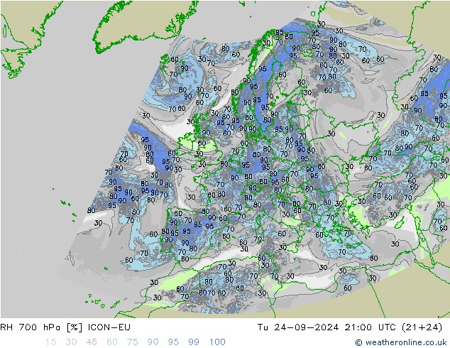 RH 700 hPa ICON-EU Di 24.09.2024 21 UTC