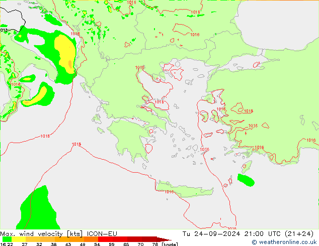 Max. wind snelheid ICON-EU di 24.09.2024 21 UTC