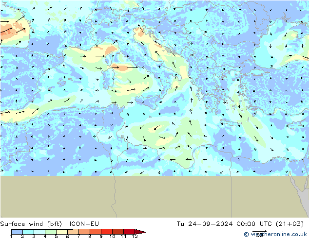 Surface wind (bft) ICON-EU Tu 24.09.2024 00 UTC