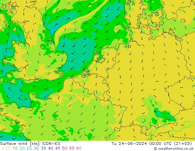 ветер 10 m ICON-EU вт 24.09.2024 00 UTC