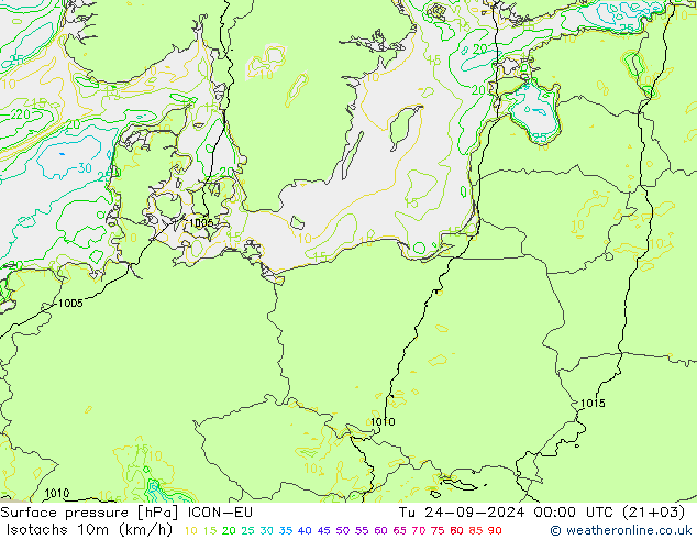 Isotachs (kph) ICON-EU вт 24.09.2024 00 UTC