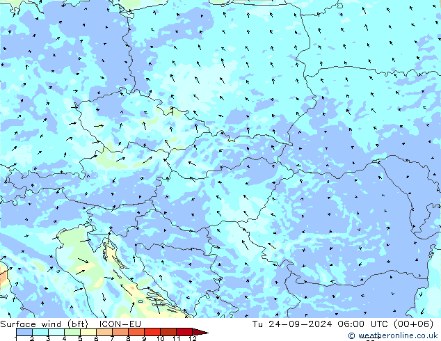 Surface wind (bft) ICON-EU Tu 24.09.2024 06 UTC