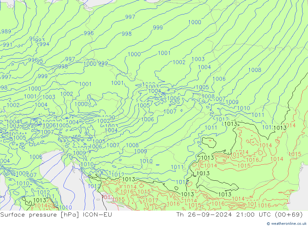 Surface pressure ICON-EU Th 26.09.2024 21 UTC