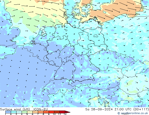 Surface wind (bft) ICON-EU Sa 28.09.2024 21 UTC