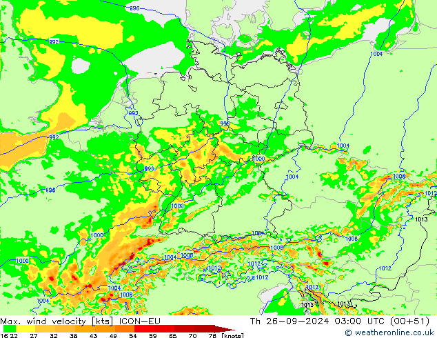 Max. wind velocity ICON-EU jue 26.09.2024 03 UTC