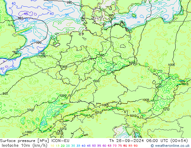 Isotachs (kph) ICON-EU Qui 26.09.2024 06 UTC