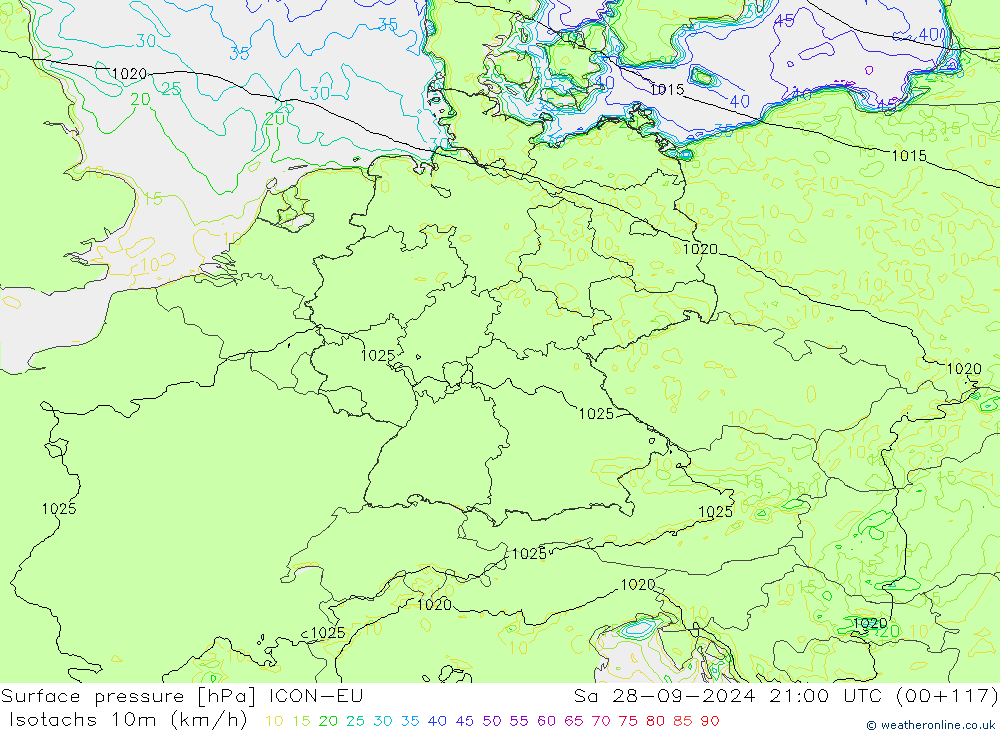 Isotachen (km/h) ICON-EU za 28.09.2024 21 UTC