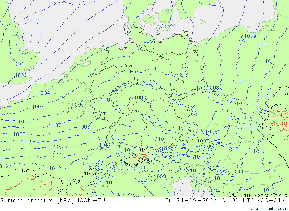 Surface pressure ICON-EU Tu 24.09.2024 01 UTC