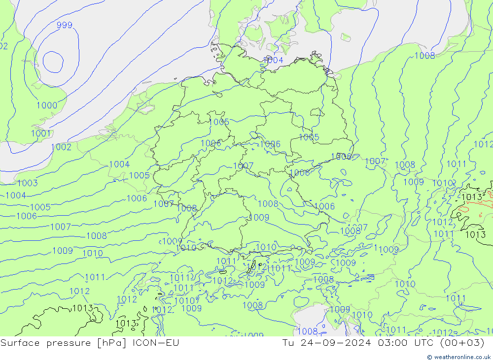 Surface pressure ICON-EU Tu 24.09.2024 03 UTC