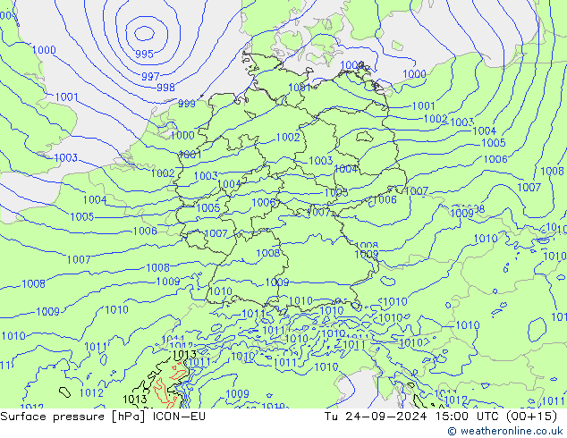 Surface pressure ICON-EU Tu 24.09.2024 15 UTC