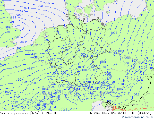 Surface pressure ICON-EU Th 26.09.2024 03 UTC