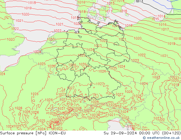 Surface pressure ICON-EU Su 29.09.2024 00 UTC