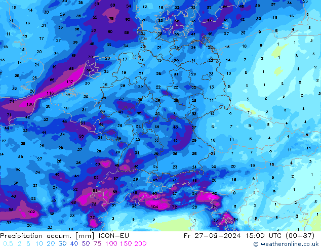 Precipitation accum. ICON-EU ven 27.09.2024 15 UTC