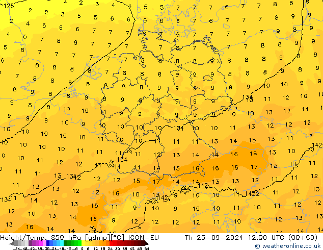 Height/Temp. 850 hPa ICON-EU czw. 26.09.2024 12 UTC