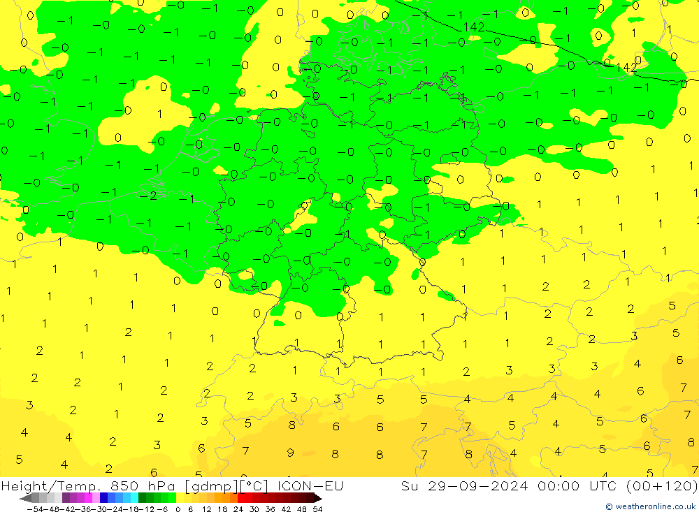 Height/Temp. 850 hPa ICON-EU Su 29.09.2024 00 UTC