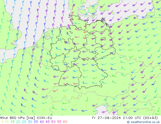 Wind 850 hPa ICON-EU Pá 27.09.2024 21 UTC