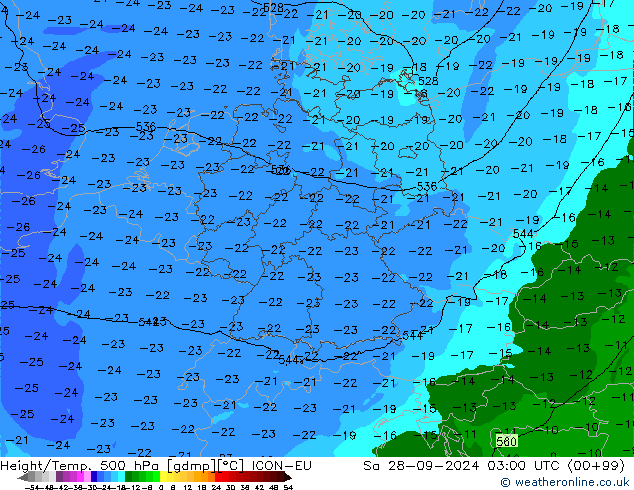 Height/Temp. 500 гПа ICON-EU сб 28.09.2024 03 UTC