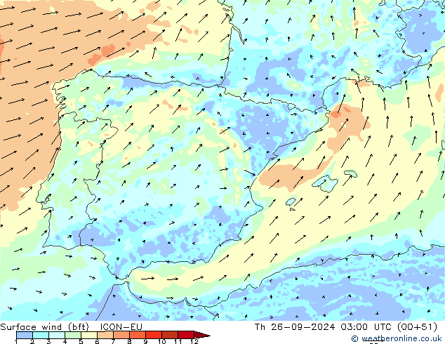 ве�Bе�@ 10 m (bft) ICON-EU чт 26.09.2024 03 UTC