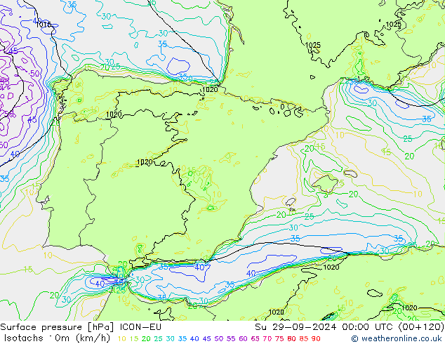 Isotachs (kph) ICON-EU Su 29.09.2024 00 UTC