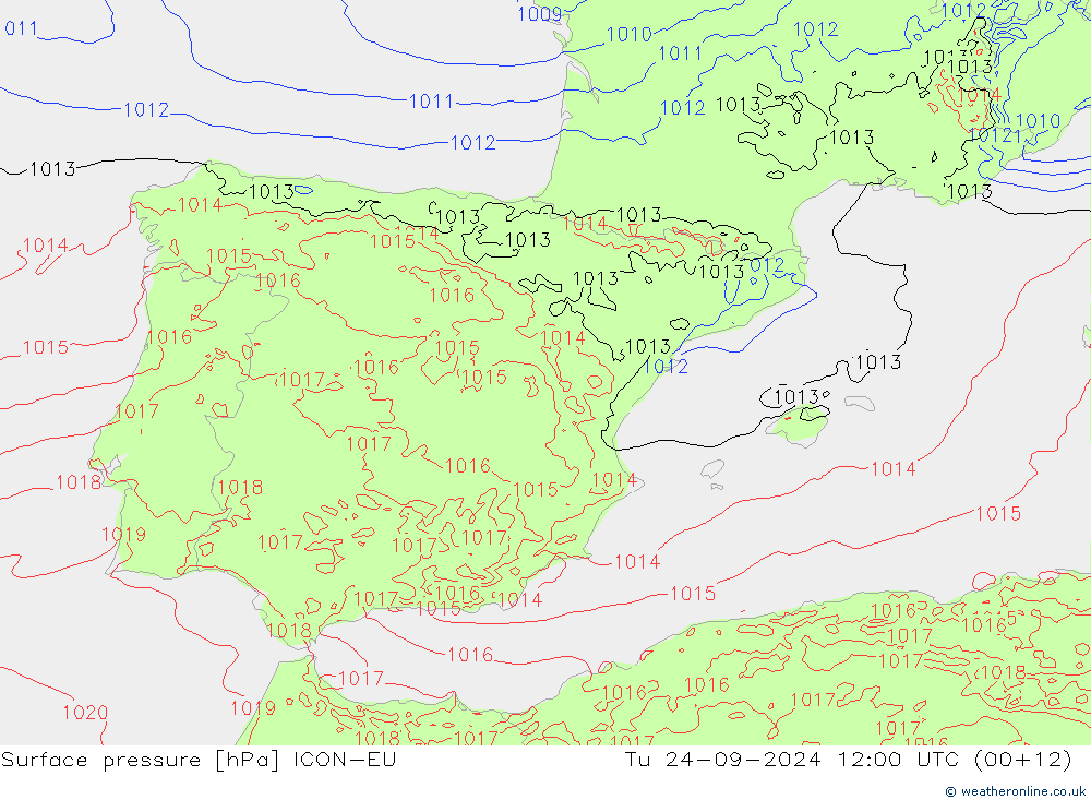 Surface pressure ICON-EU Tu 24.09.2024 12 UTC