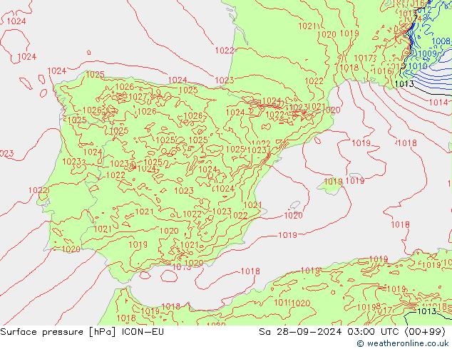 приземное давление ICON-EU сб 28.09.2024 03 UTC