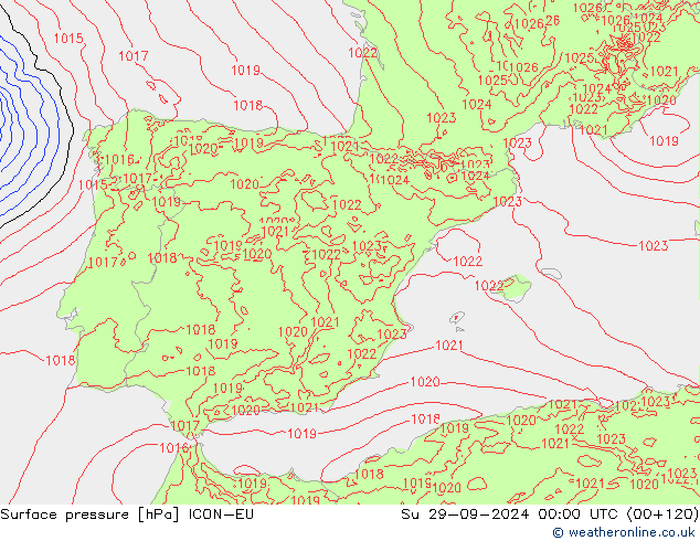 Surface pressure ICON-EU Su 29.09.2024 00 UTC