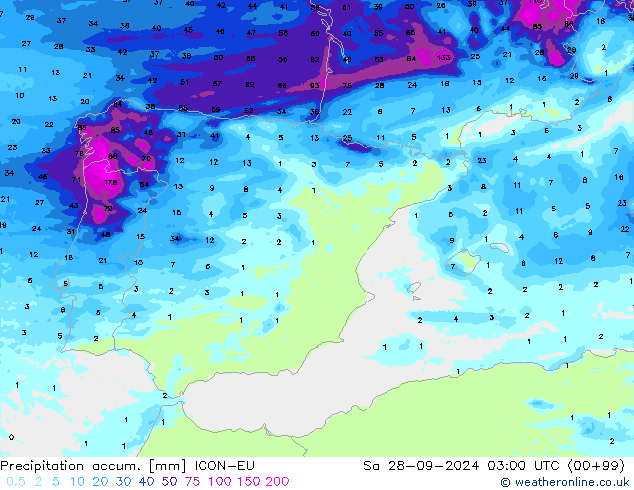 Precipitation accum. ICON-EU Sa 28.09.2024 03 UTC