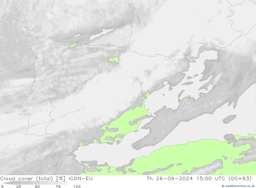 nuvens (total) ICON-EU Qui 26.09.2024 15 UTC