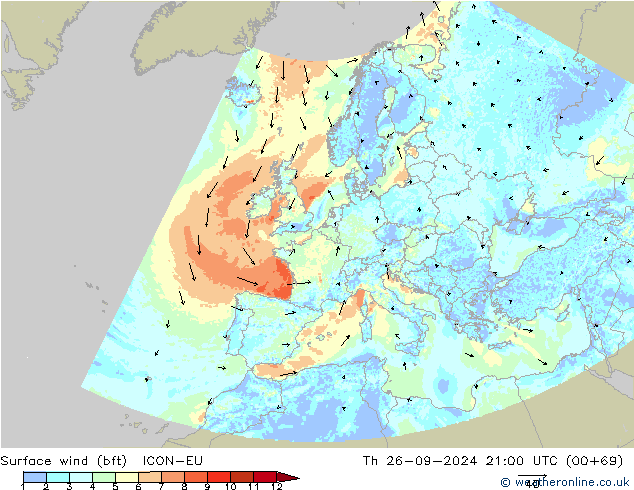 Surface wind (bft) ICON-EU Čt 26.09.2024 21 UTC