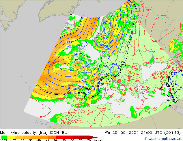 Max. wind snelheid ICON-EU wo 25.09.2024 21 UTC