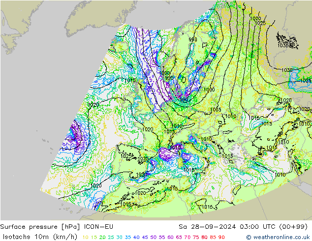 Isotachen (km/h) ICON-EU za 28.09.2024 03 UTC