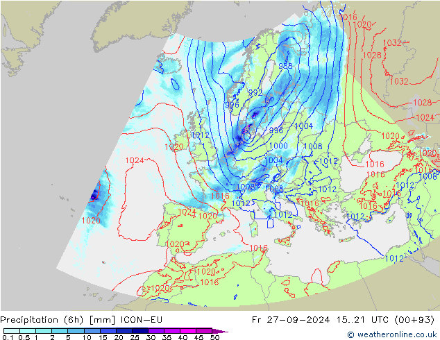 Precipitation (6h) ICON-EU Fr 27.09.2024 21 UTC