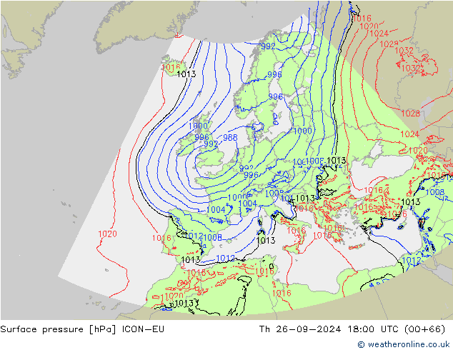 Atmosférický tlak ICON-EU Čt 26.09.2024 18 UTC