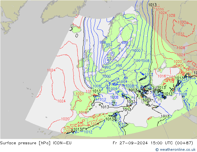 Surface pressure ICON-EU Fr 27.09.2024 15 UTC