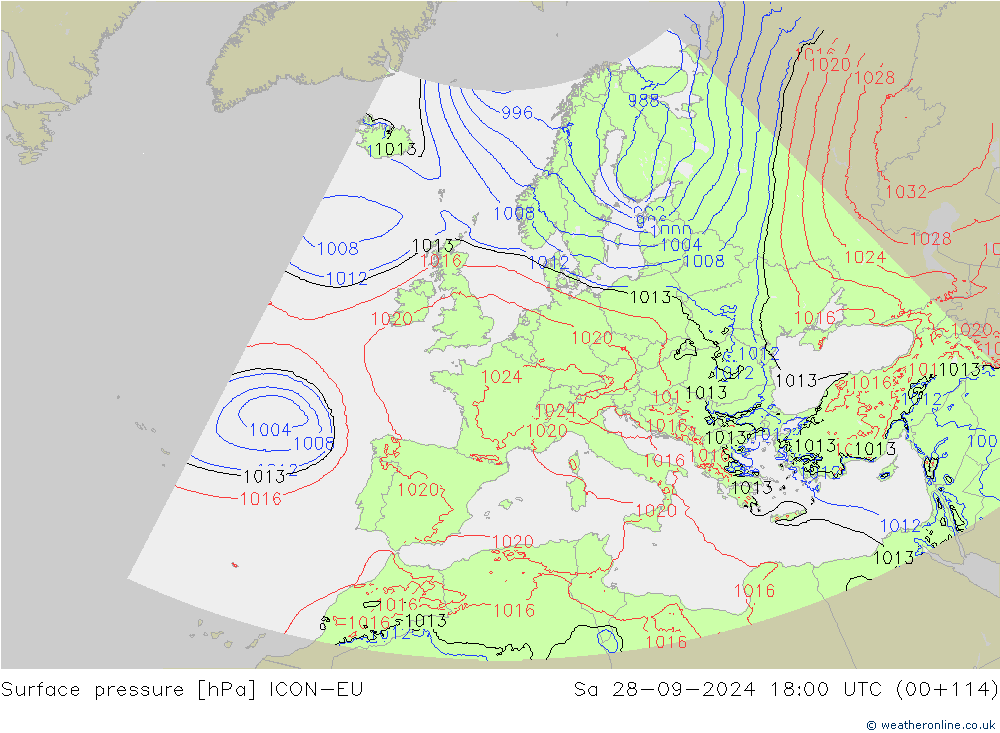 Surface pressure ICON-EU Sa 28.09.2024 18 UTC